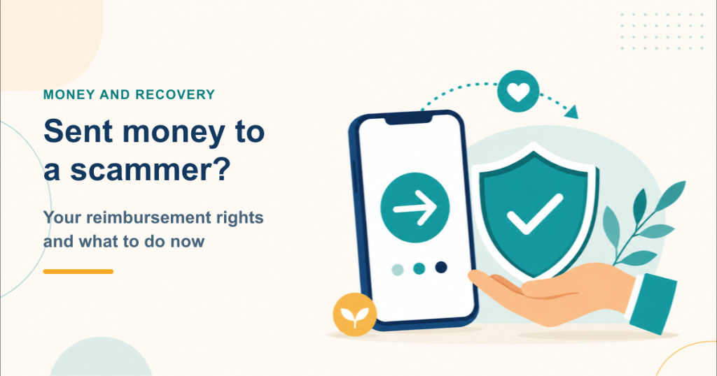 A phone showing a money transfer beside a protective shield and a helping hand